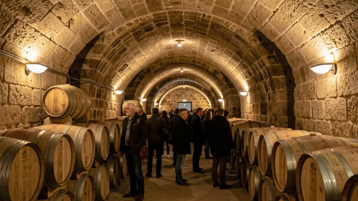 Interior de bodegas subterráneas históricas en Utiel, con techos de arco de piedra y barricas, iluminadas por luces cálidas.