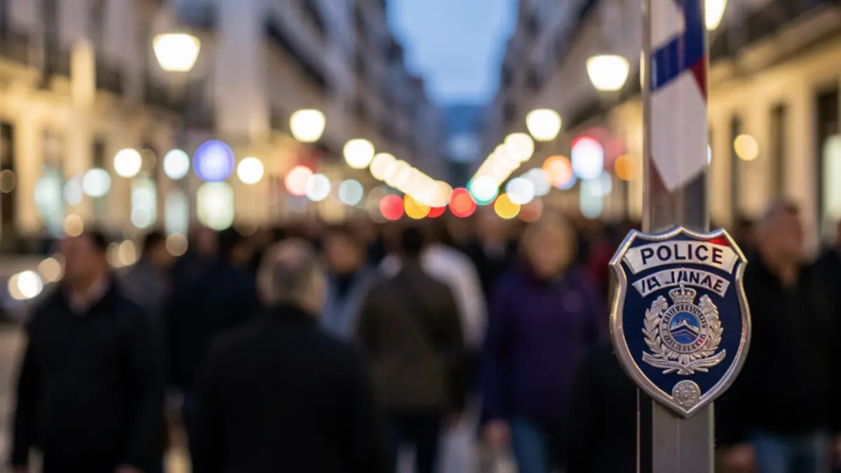 Insignia de la Policía Local de València con luces de ciudad desenfocadas al fondo.