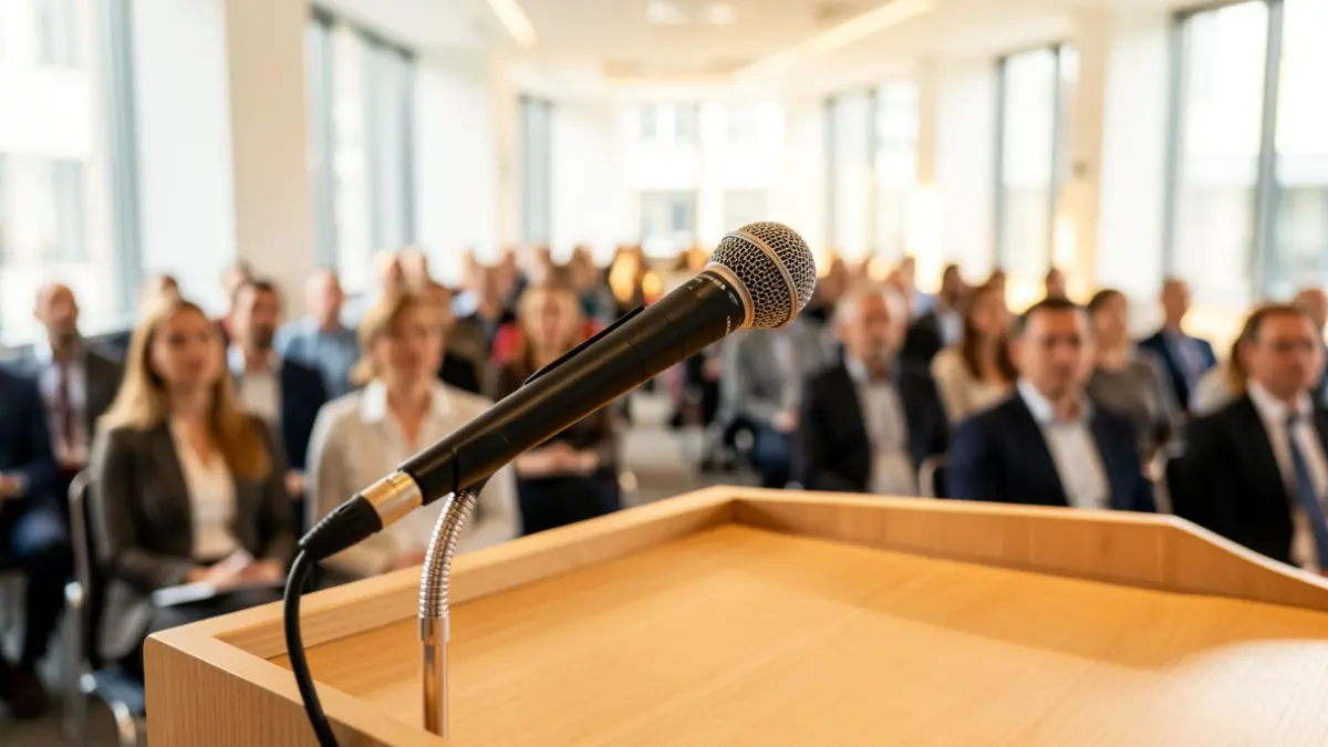 Imatge d'un faristol amb micròfon en una sala de conferències durant un acte públic.