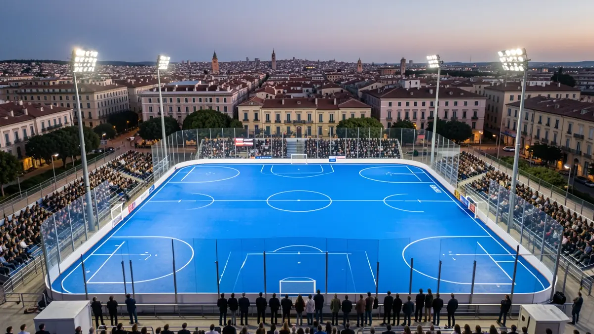 Imagen genérica de un campo de hockey azul con luces de estadio.