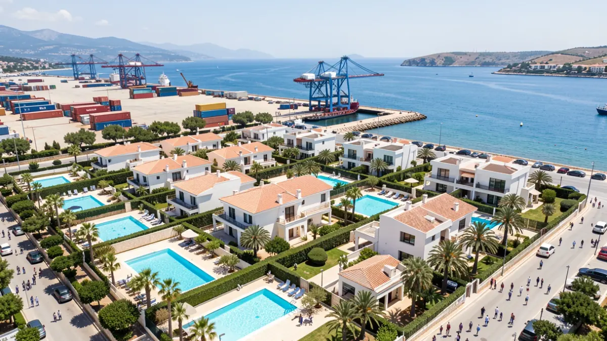 Generic image of a housing development with a swimming pool near a port.