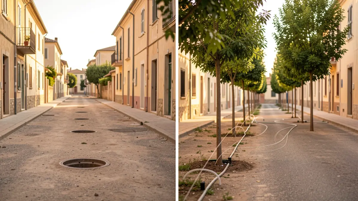 Imagen dividida que muestra una calle con pocos árboles y otra con nuevas plantaciones y riego.