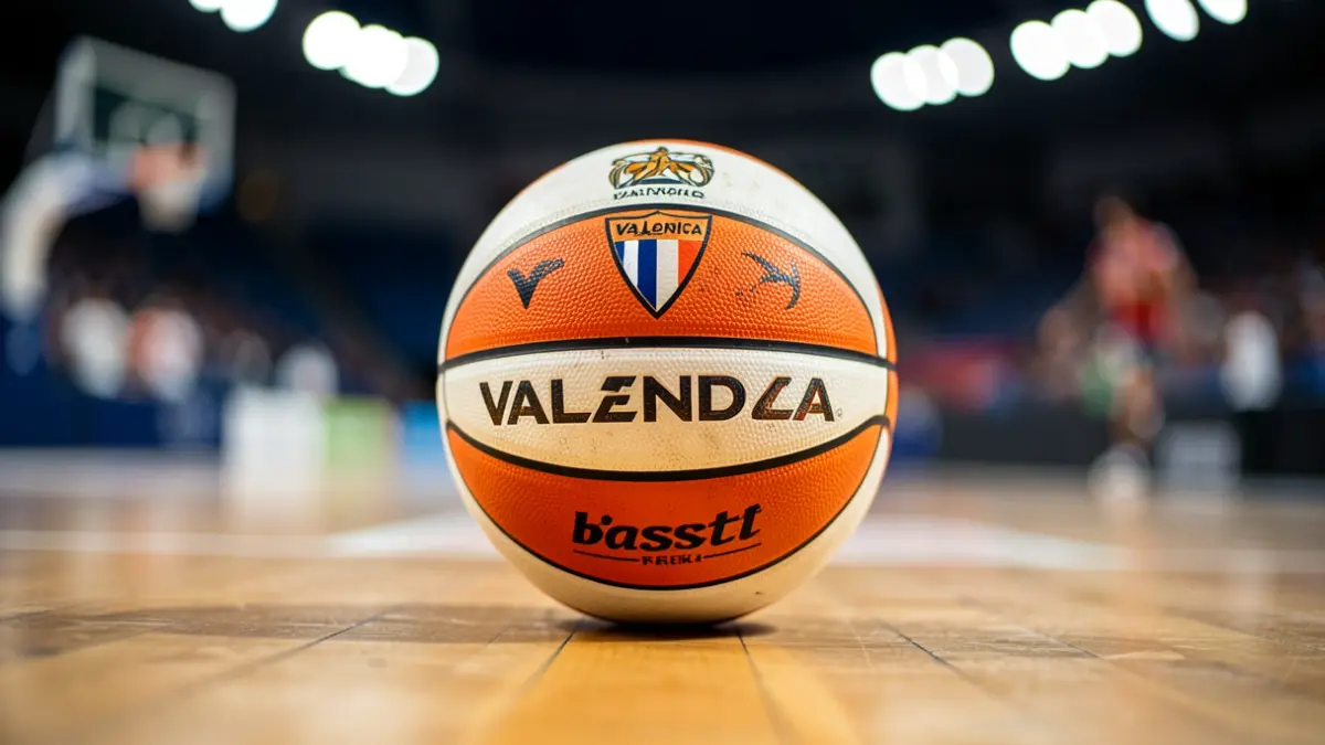 Imagen genérica de un balón de baloncesto con los colores del Valencia Basket sobre una cancha de madera.