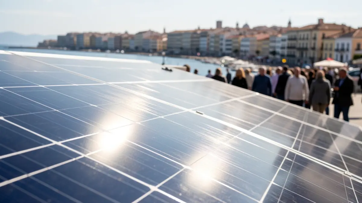Imagen genérica de un panel solar con el sol reflejándose y la ciudad de Valencia al fondo.