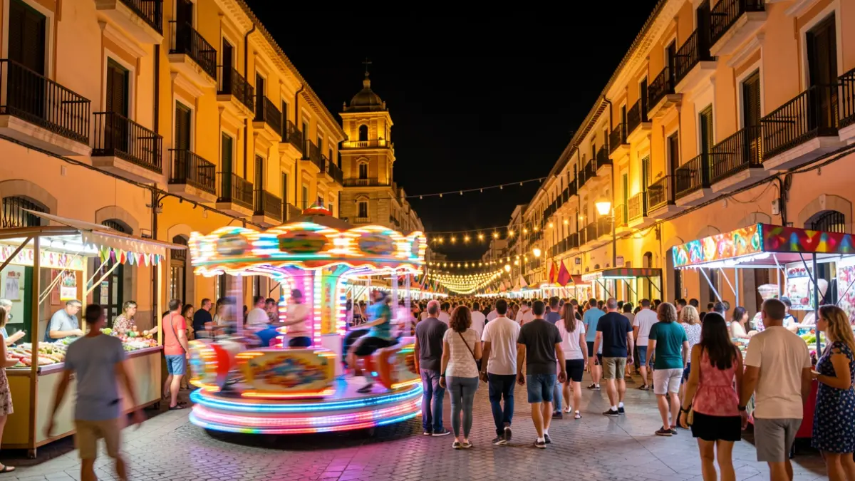 Imatge genèrica d'una festa popular nocturna a València amb llums de verbena.