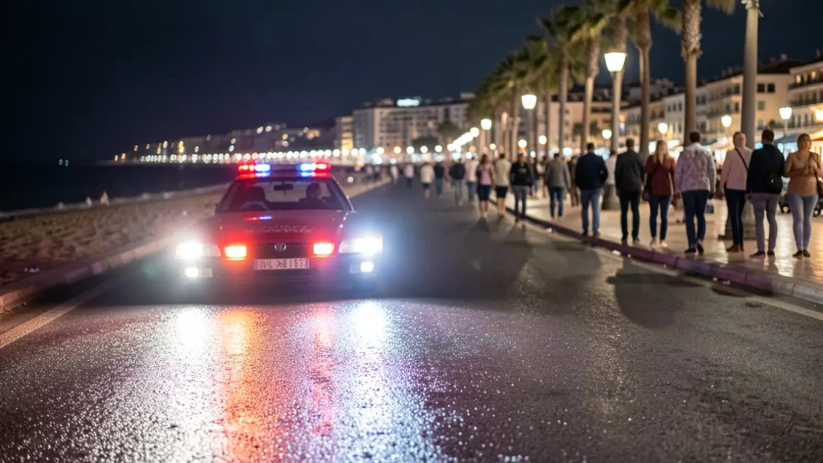 Generic image of emergency lights on a seaside promenade at night.