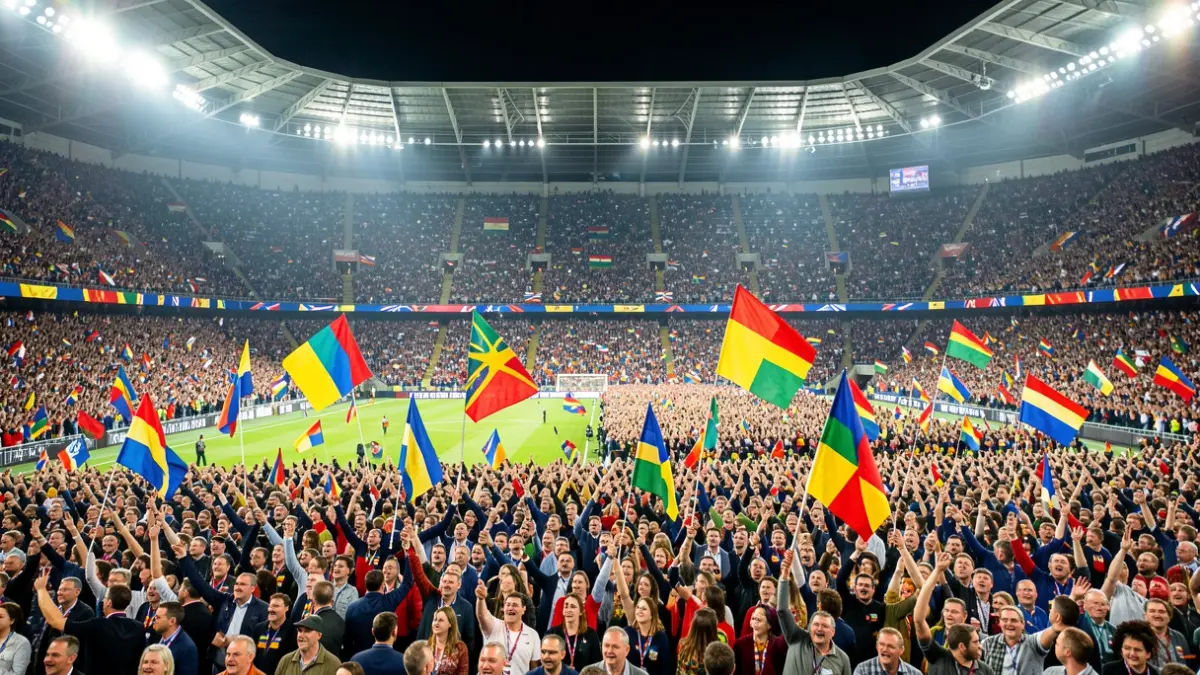 Generic image of a crowd celebrating an international sporting event with diversity and a festive atmosphere.
