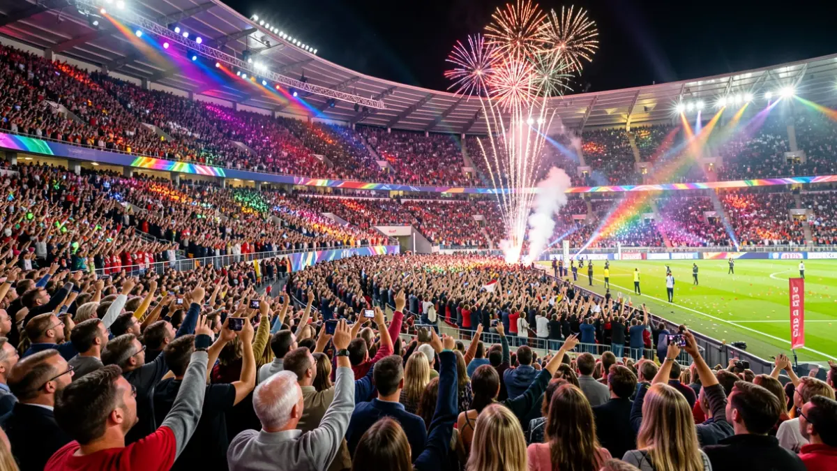 Imatge genèrica d'una multitud celebrant un esdeveniment esportiu nocturn amb focs artificials.