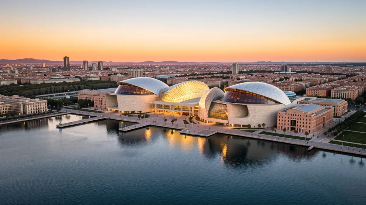 Vista aérea de la Ciudad de las Artes y las Ciencias de Valencia al atardecer.