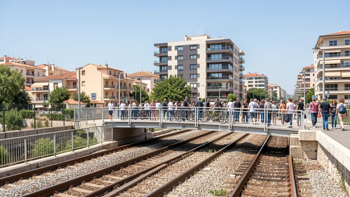 Imagen genérica de una pasarela provisional sobre vías de tren en una ciudad mediterránea.