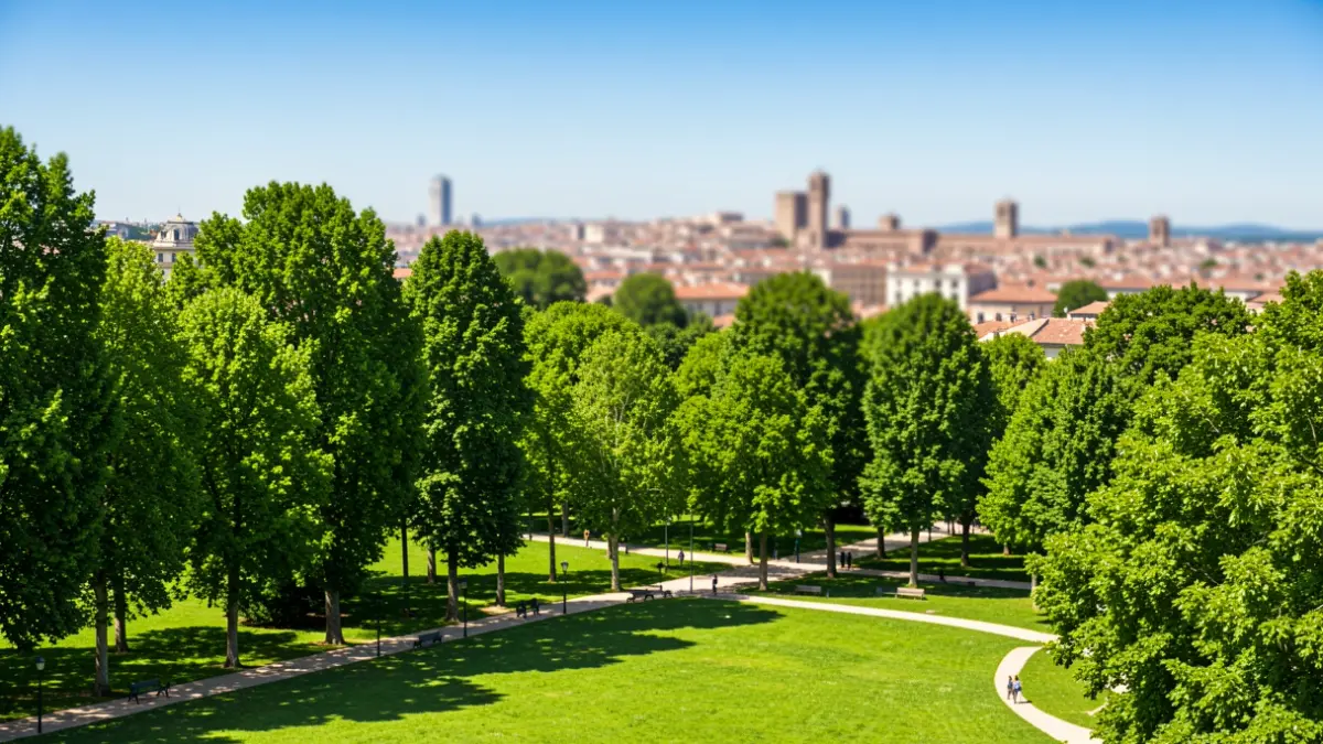 Imatge genèrica d'un parc urbà amb arbres i camins, amb la ciutat al fons.