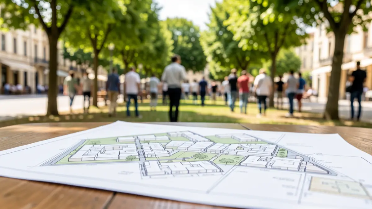Imagen conceptual de un plano urbanístico sobre una mesa con un parque desenfocado al fondo.