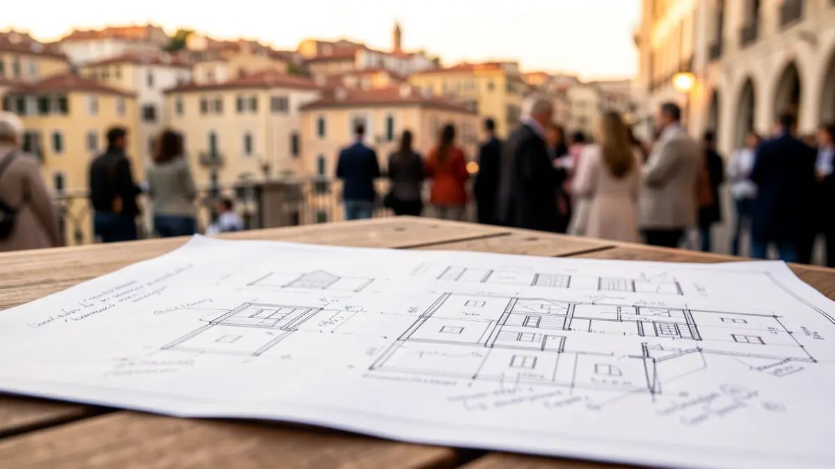 Generic image of an urban planning document with architectural sketches.