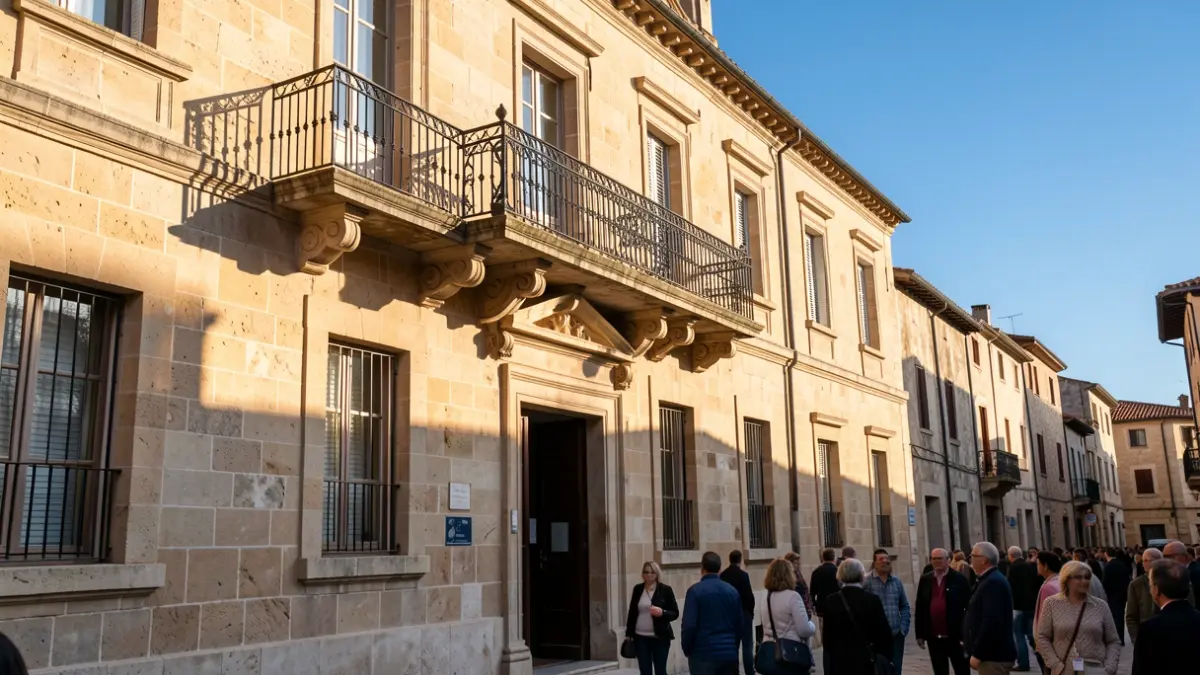 Imatge genèrica d'un edifici municipal amb balcó i baranes de ferro sota la llum del sol de la vesprada.