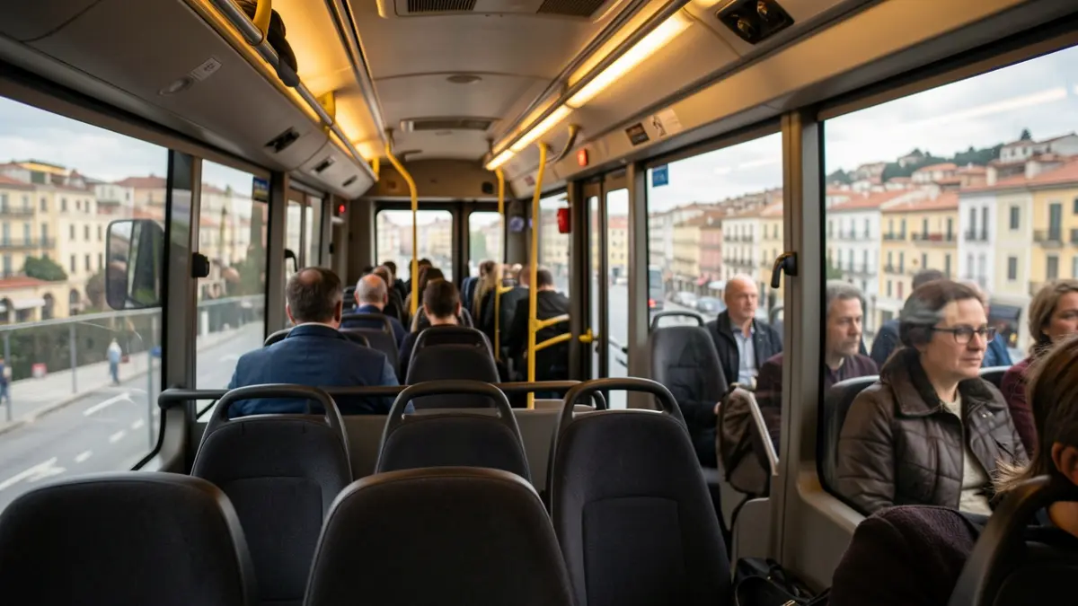 Imagen genérica del interior de un autobús urbano moderno con paisaje urbano mediterráneo al fondo.