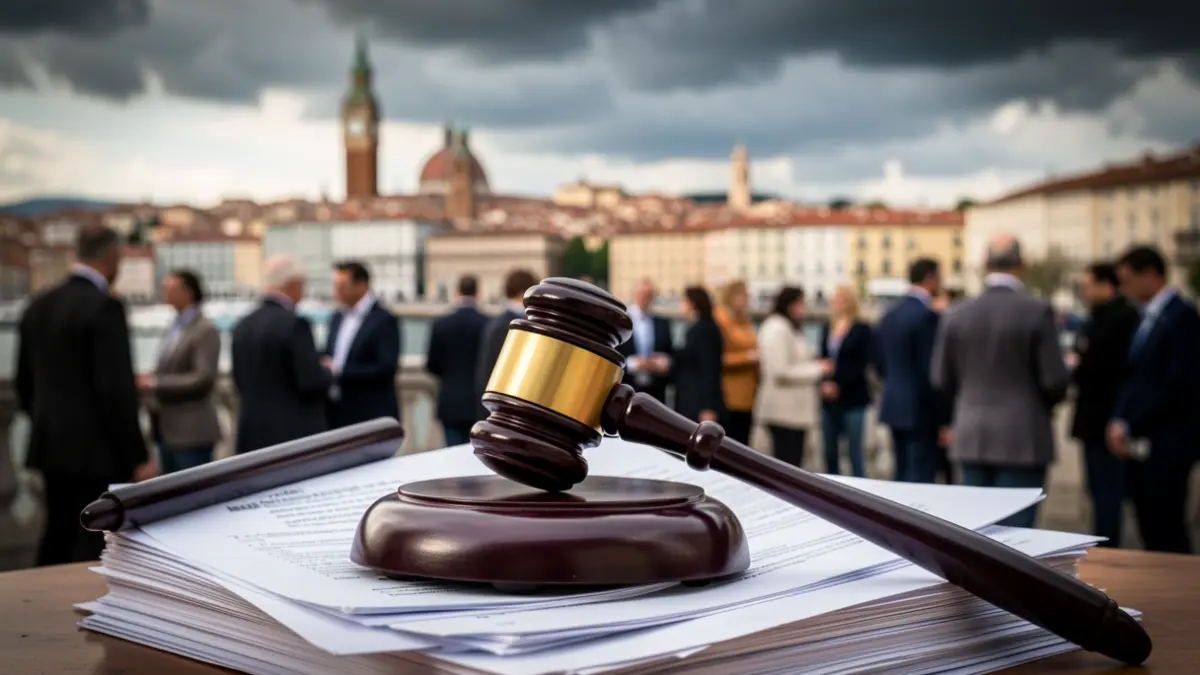 Imatge genèrica d'un martell de jutge sobre documents legals amb un paisatge urbà mediterrani al fons.