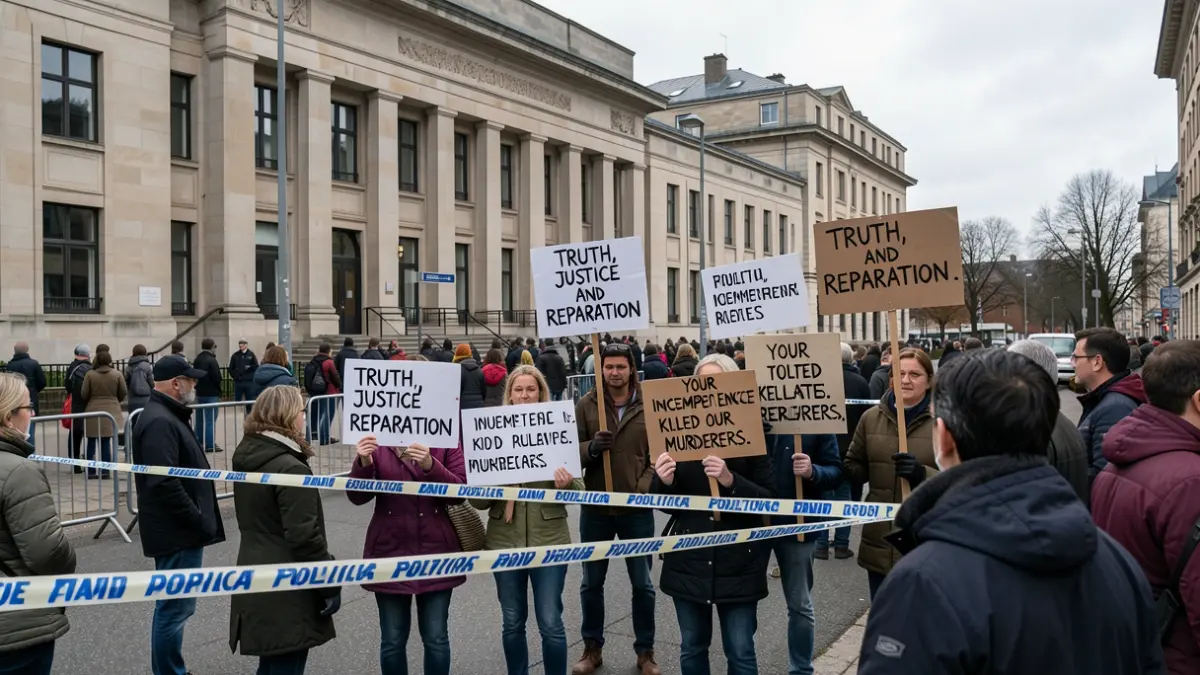 Imagen genérica de manifestantes frente a un juzgado con pancartas.