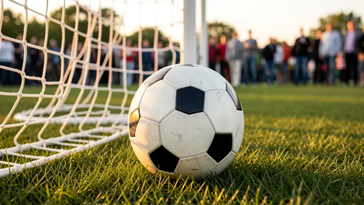Imatge genèrica d'una pilota de futbol sobre gespa amb la xarxa de la porteria desenfocada.