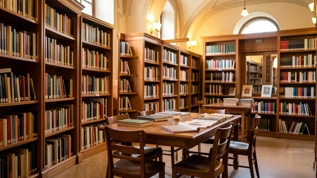 Imagen genérica de una biblioteca municipal con libros y mesas de estudio.