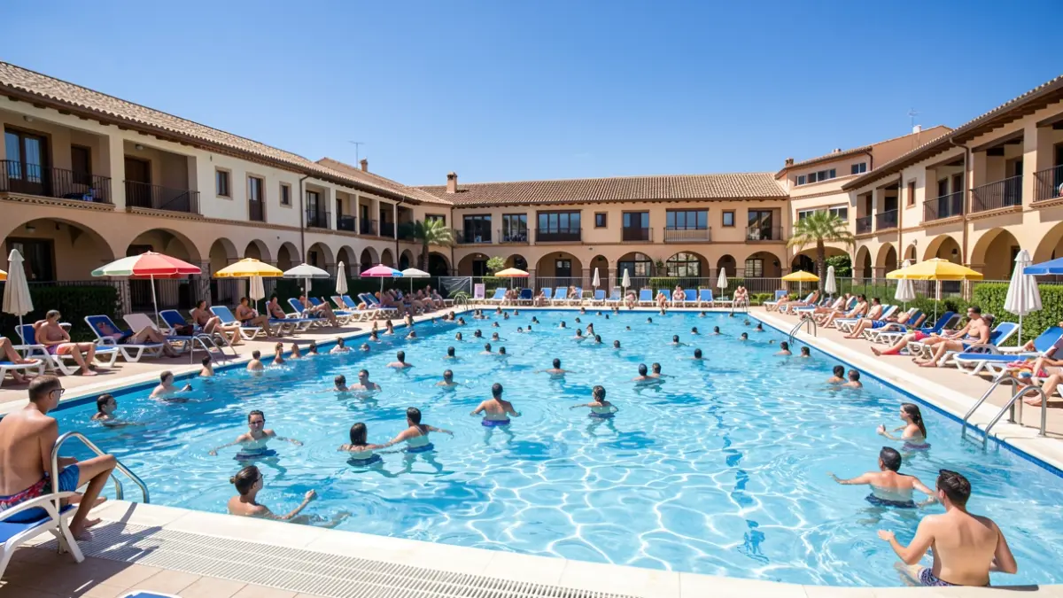Generic image of a municipal summer swimming pool with bathers.
