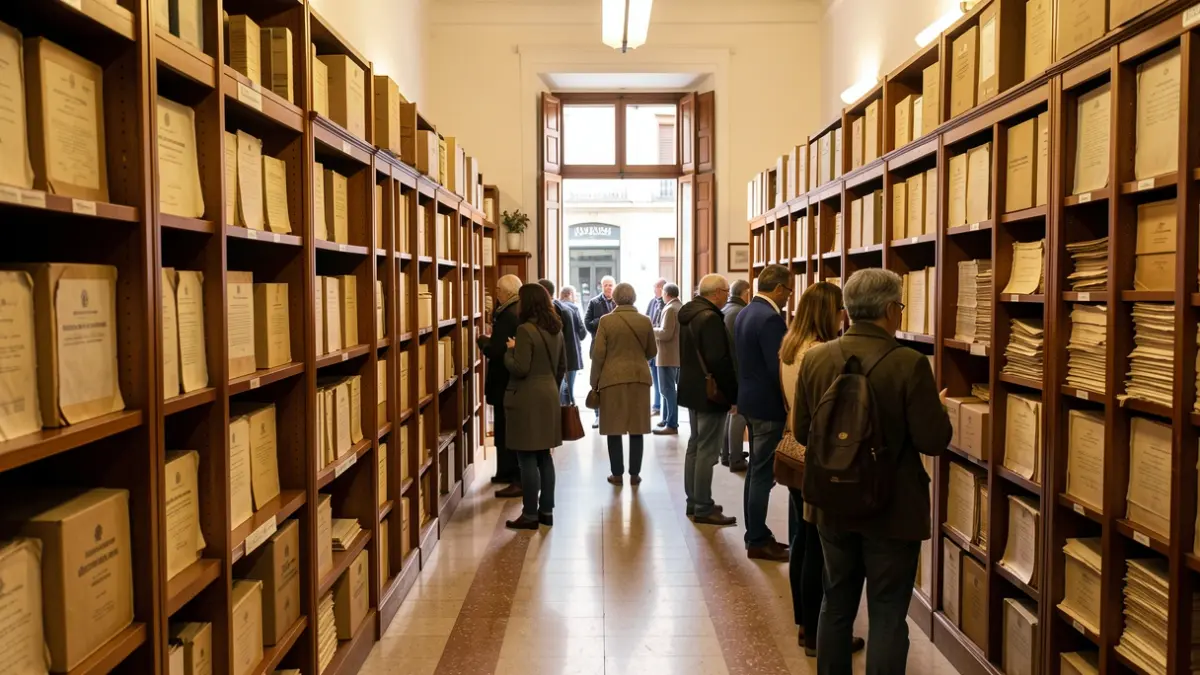 Generic image of the interior of a municipal archive with shelves full of old documents.