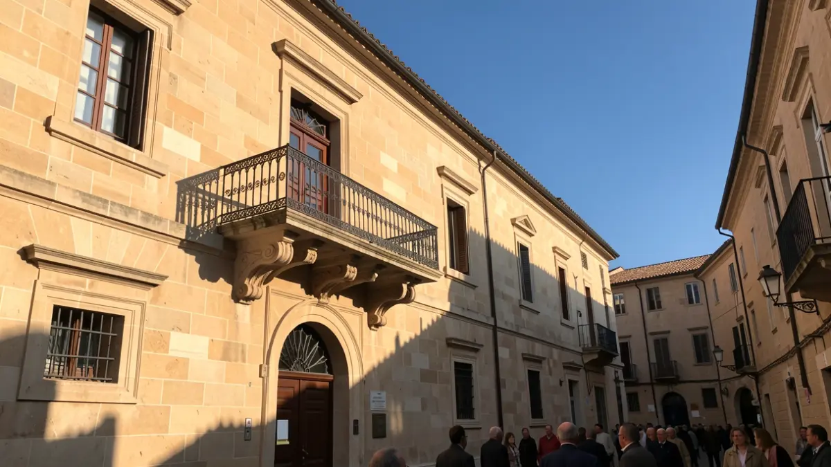 Imagen genérica de la fachada de un ayuntamiento mediterráneo con balcón y barandillas de hierro, iluminado por la luz cálida de la tarde.