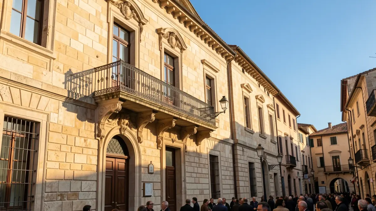 Imatge genèrica de la façana d'un ajuntament mediterrani amb balcó i baranes de ferro, il·luminat per la llum càlida de la vesprada.