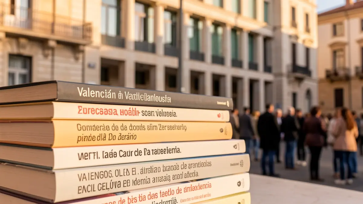 Imatge genèrica de llibres en valencià davant d'un edifici oficial.