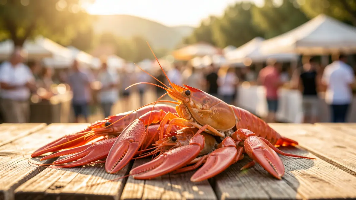 Image of fresh langoustines on a wooden table in a gastronomic festival setting.
