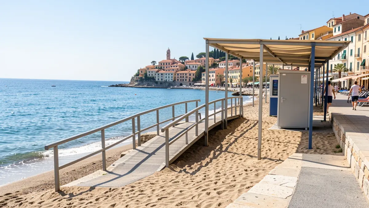 Imatge genèrica d'una platja adaptada amb rampa i zona d'ombra.