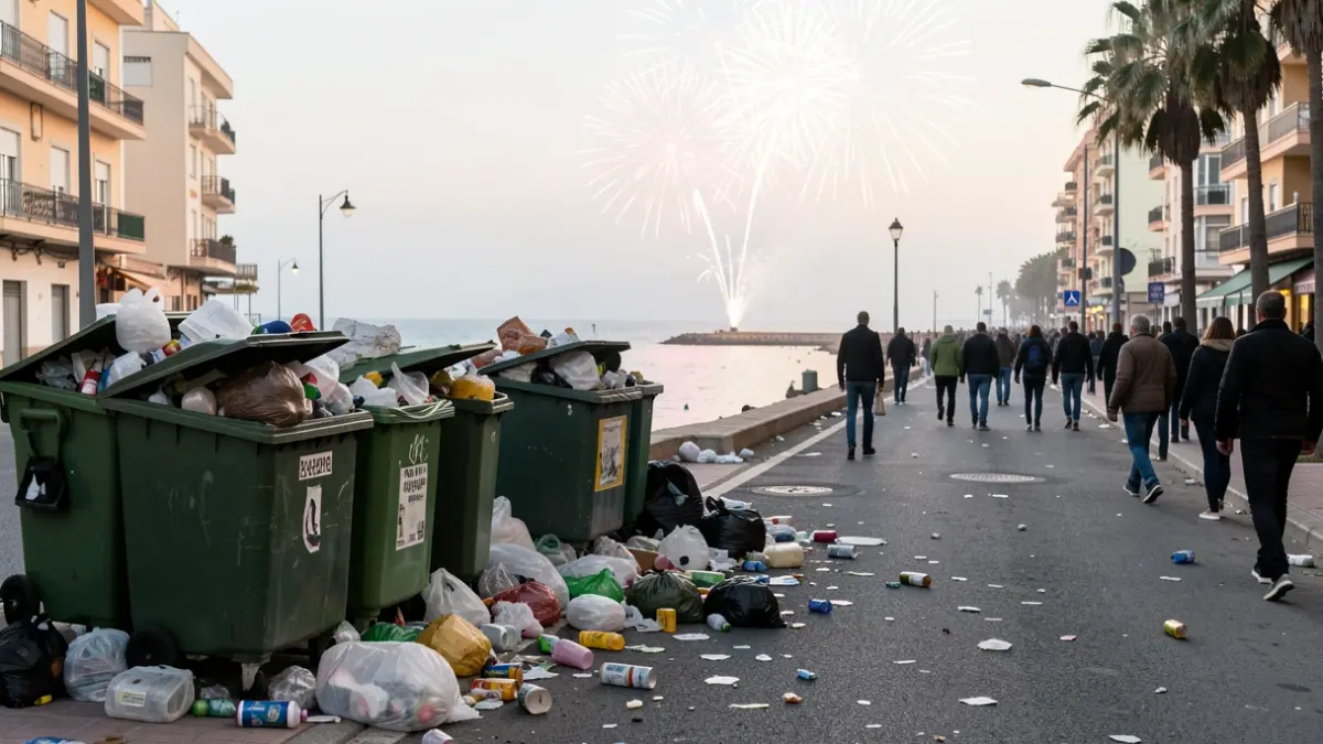 Imagen genérica de papeleras desbordadas y basura en la calle tras un espectáculo pirotécnico.