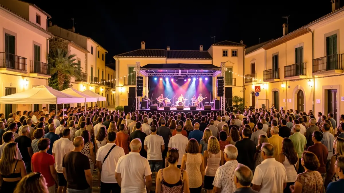 Generic image of an outdoor concert in a Mediterranean town square at night.
