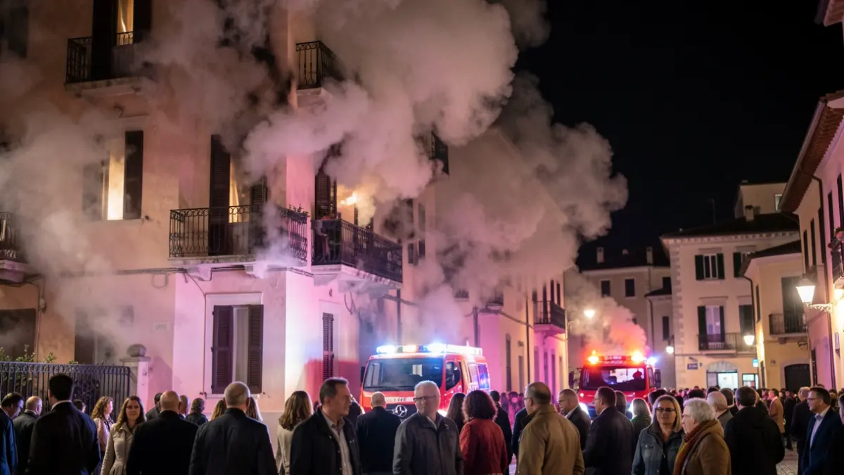 Generic image of a building engulfed in toxic smoke during a nighttime fire.