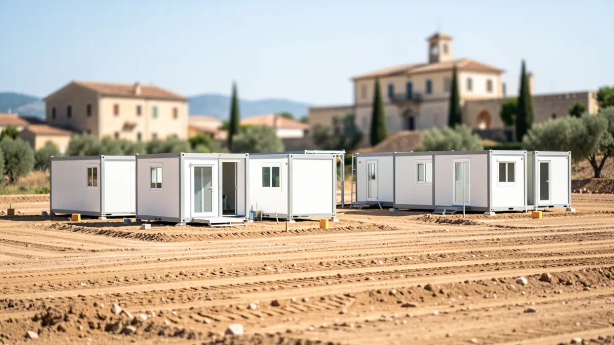 Generic image of school temporary classrooms under construction on a plot of land.