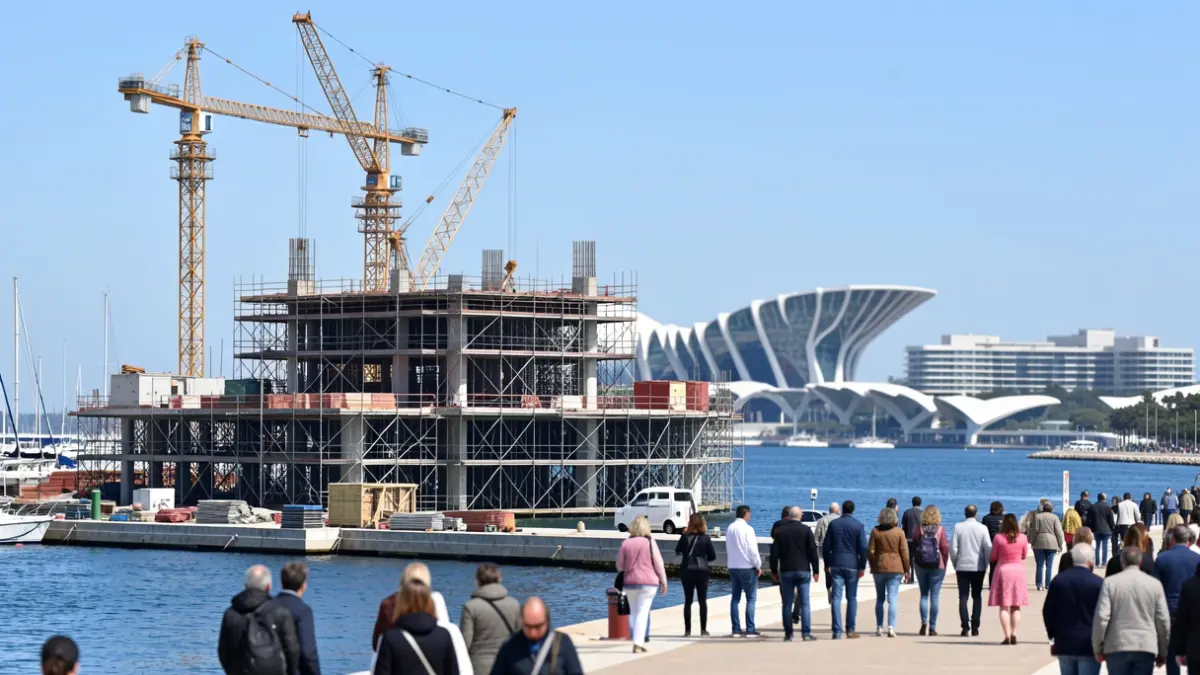 Generic image of construction at a Mediterranean marina with the City of Arts and Sciences in the background.