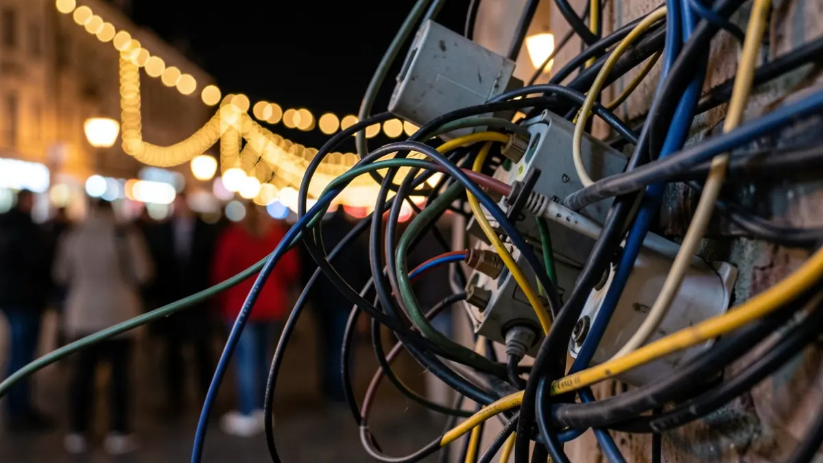Imatge genèrica de cables elèctrics desordenats i una caixa de connexions danyada.
