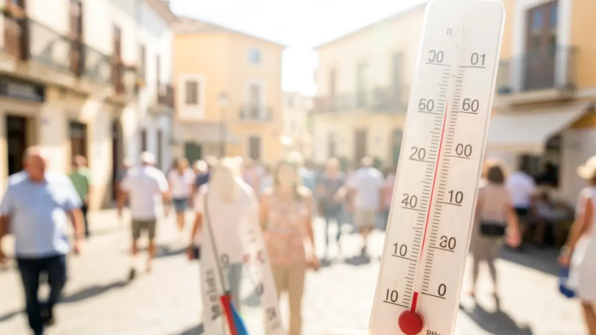 Termómetro marcando temperaturas elevadas en un entorno urbano durante una ola de calor.