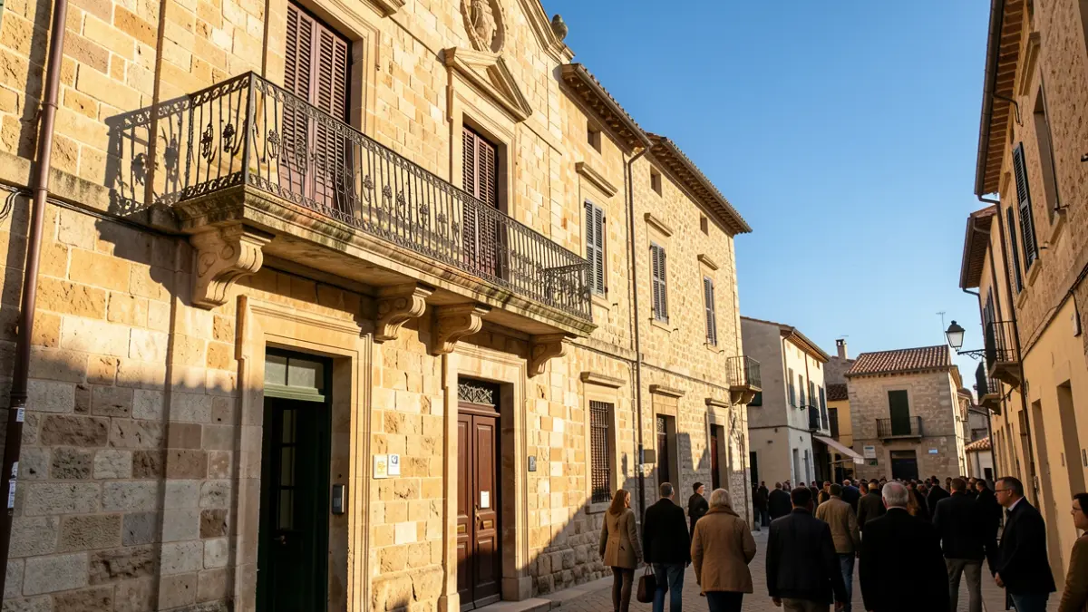 Facade of a Mediterranean town hall with an iron balcony and afternoon sunlight.
