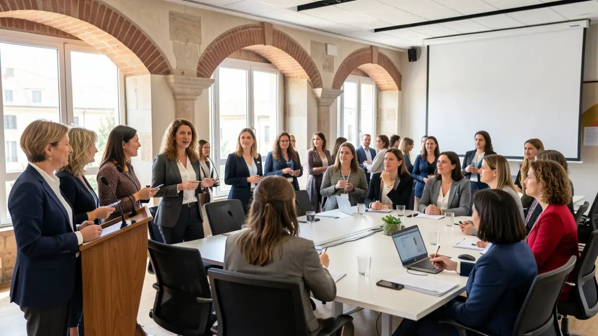 Imatge genèrica d'un esdeveniment de lideratge femení amb dones participant i parlant.