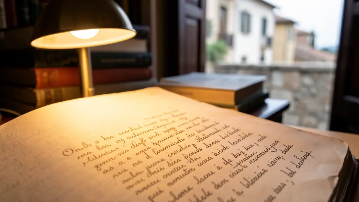 Imagen genérica de un manuscrito en valenciano bajo una luz cálida, con libros y arquitectura mediterránea al fondo.
