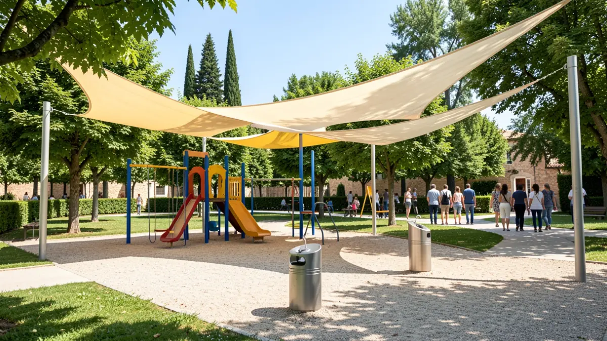 Generic image of municipal parks with shaded areas and fountains.