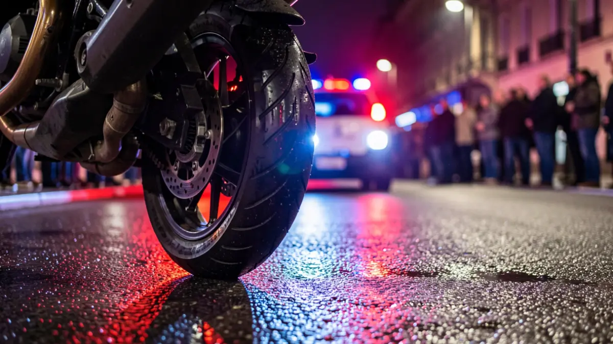 Generic image of police emergency lights reflected on wet asphalt.