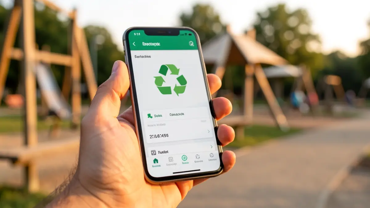 Imatge d'un telèfon mòbil amb una aplicació de reciclatge i instal·lacions d'ecoparc al fons.