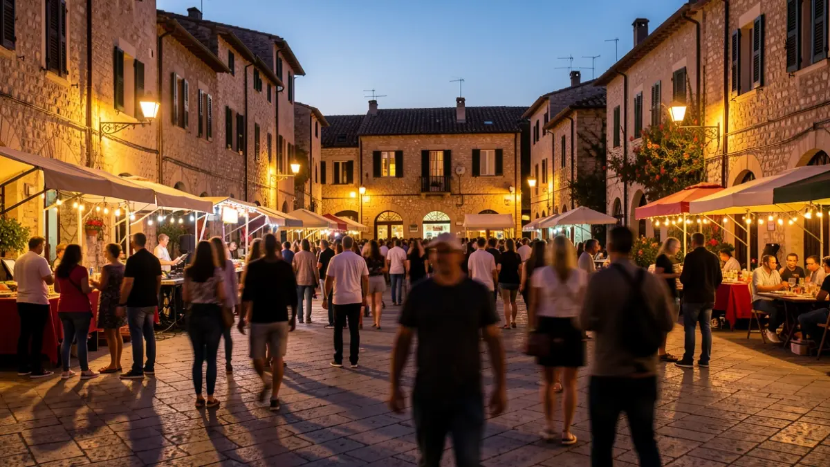Imagen genérica de una plaza de pueblo mediterráneo durante una fiesta nocturna.