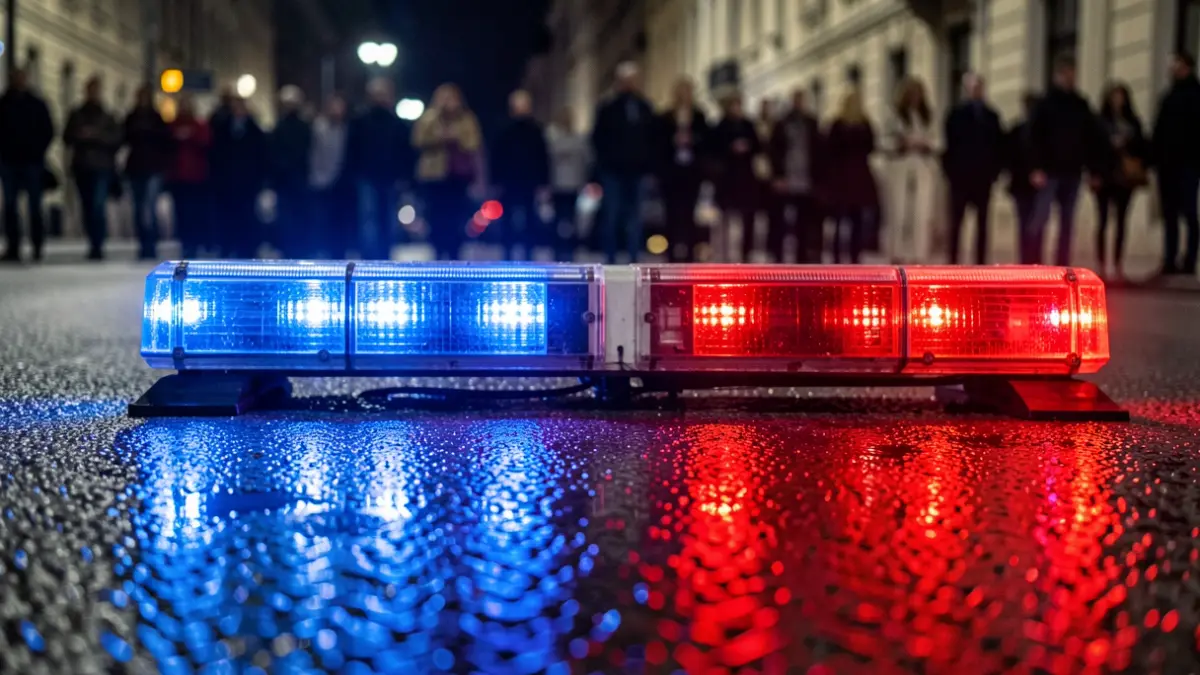 Generic image of police emergency lights reflecting on wet asphalt.