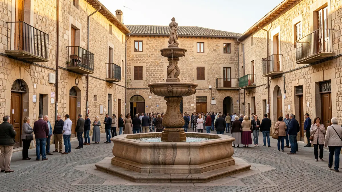 Generic image of a medieval square in the Valencian Community with old buildings and a fountain.