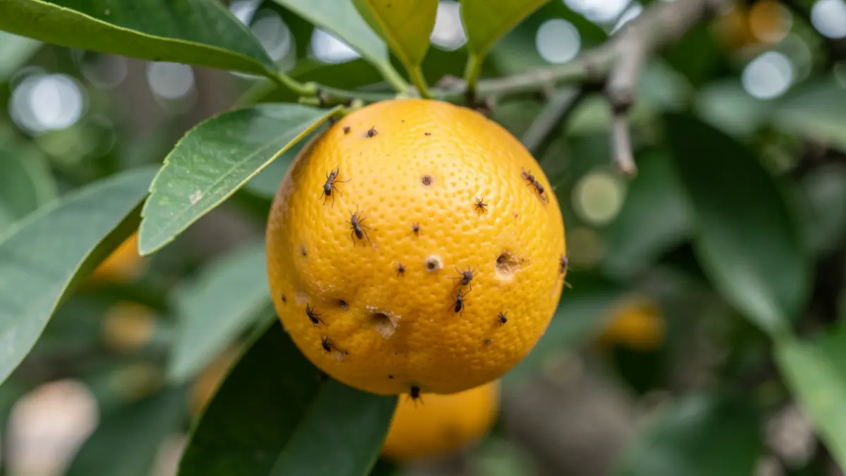 Imatge d'un cítric afectat per plagues amb insectes visibles.