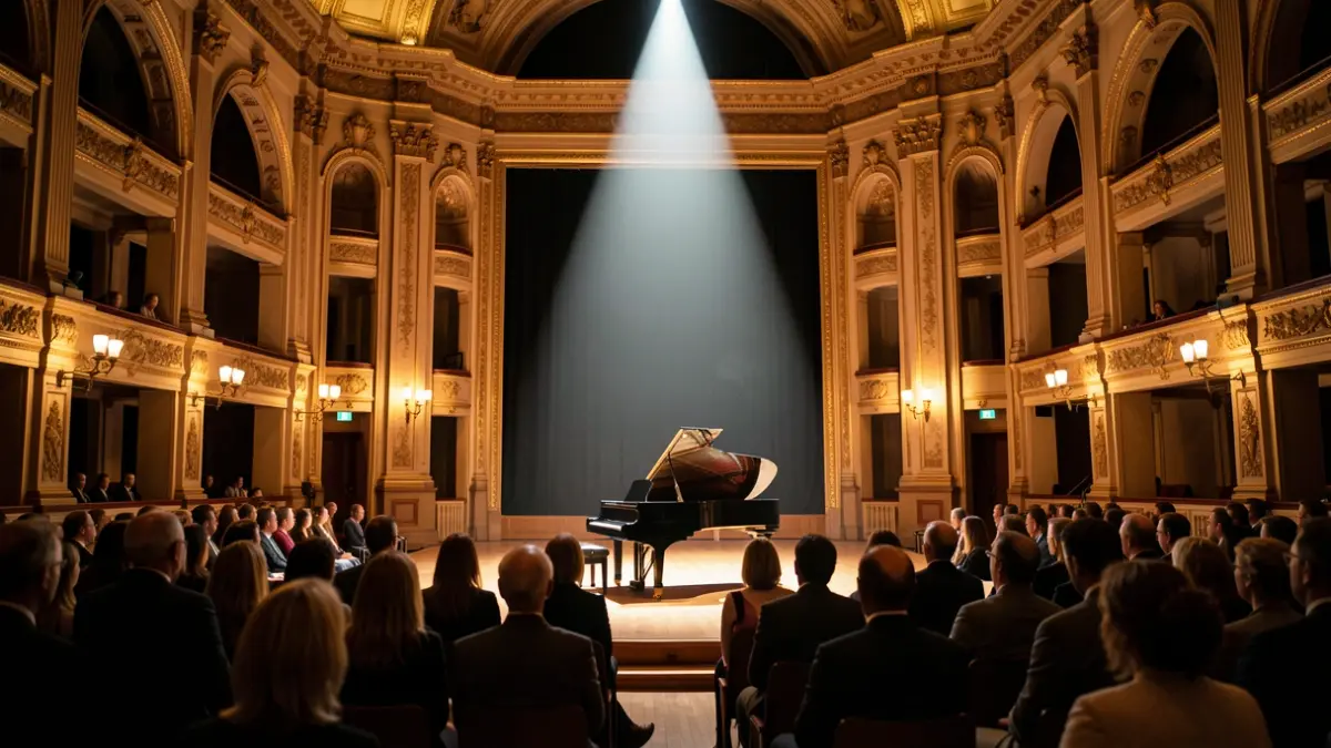 Imagen genérica de un interior de sala de conciertos con un piano en el centro.
