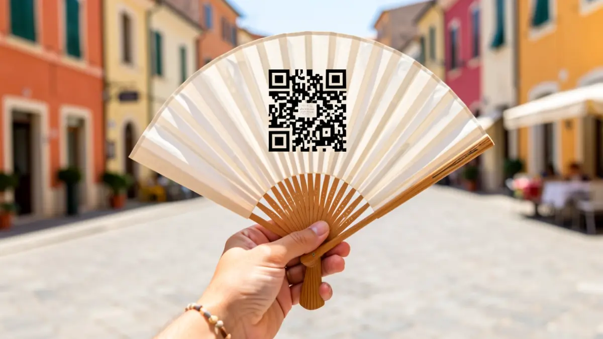 Imagen de un abanico con un código QR, promoción de las fiestas de Dénia.