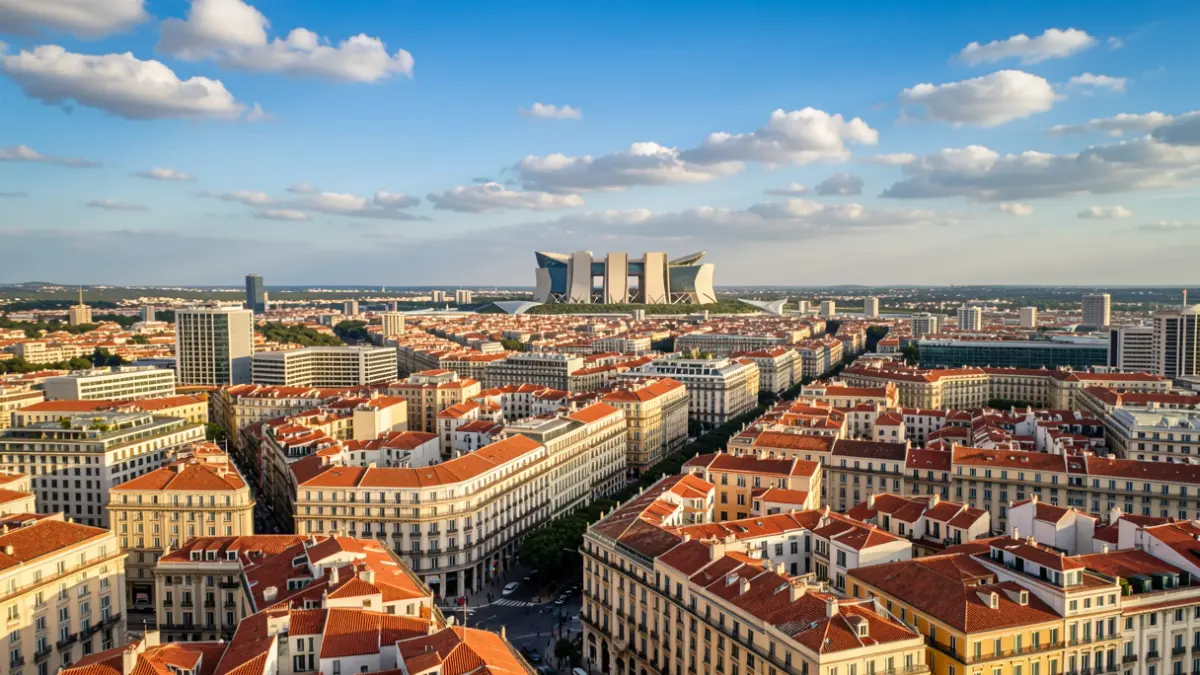 Aerial view of Castellón city with the City of Arts and Sciences in the background.